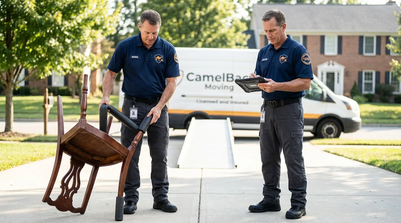 Movers inspecting furniture for damage prevention before loading in Estill Springs, TN