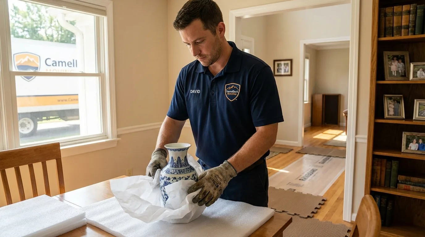 Professional crew carefully wrapping antique vase for senior downsizing move in Estill Springs, TN